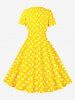 Polka Dots Print Ruched Keyhole Neck Bowknot Vintage Dress -  