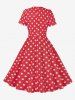 Polka Dots Print Ruched Keyhole Neck Bowknot Vintage Dress -  