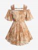 Plus Size Tie Dye Leaf Print Chain Panel PU Leafther Strapy Lace Up Corset 2 In 1 Cold Shoulder Plisse Blouse -  
