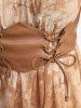 Plus Size Tie Dye Leaf Print Chain Panel PU Leafther Strapy Lace Up Corset 2 In 1 Cold Shoulder Plisse Blouse -  