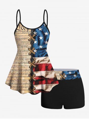 Fashion 3D Lace Up Patriotic American Flag Newspaper Print Boyleg Tankini Swimsuit (Adjustable Shoulder Strap) - MULTI-A - XS