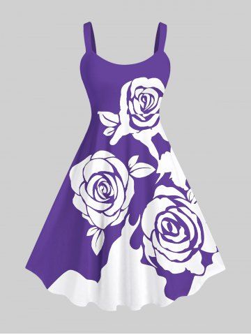 Plus Size Flower Two Tone Print Hawaii Backless A Line Tank Dress - PURPLE - M