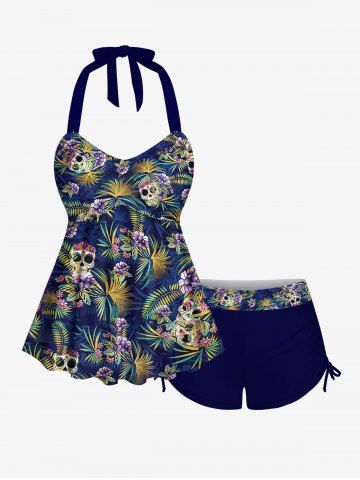 Fashion Skulls Floral Coconut Leaves Print Halter Twist Backless Cinched Hawaii Tankini Swimsuit - DEEP BLUE - XS