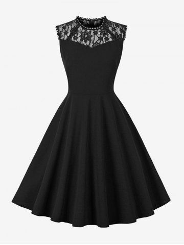 Floral Lace Panel Patchwork Zipper Sleeveless Vintage Dress - BLACK - S