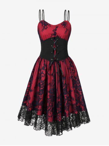 Gothic Floral Lace Trim Cami Vintage Dress With Lace-up Corset - RED - M