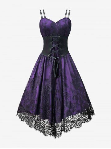 Gothic Floral Lace Trim Cami Vintage Dress With Lace-up Corset - PURPLE - S