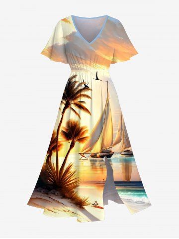 Plus Size Coconut Tree Sailboat Sea Bird Print Hawaii Split Dress - MULTI-A - XS