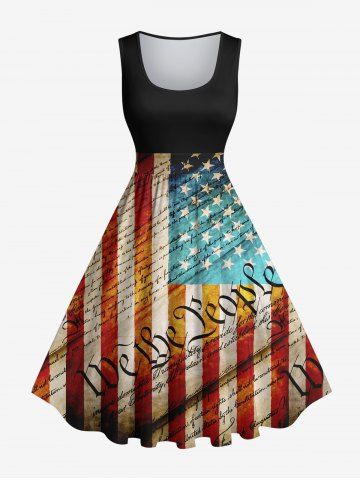 Plus Size Patriotic American Flag Newspaper Print 1950s Vintage Dress - BLACK - XS