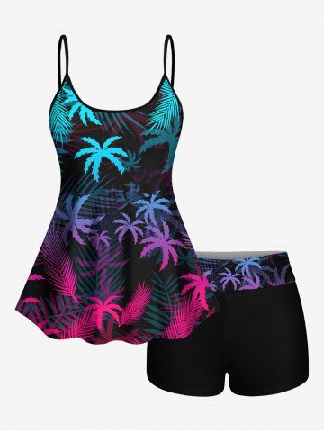 Tropical Leaf Colorful Coconut Tree Print Boyleg Hawaii Tankini Swimsuit(Adjustable Shoulder Strap) - BLACK - XS