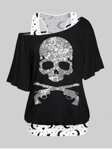 Plus Size Moon Star Heart Print Racerback Tank Top and Skull Guns Sparkling Sequin 3D Print One Shoulder T-shirt - BLACK - XS