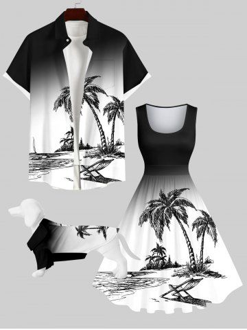 Coconut Tree Beach Lounge Chair Ombre Print Hawaii Dog and Owner Matching Outfits - BLACK