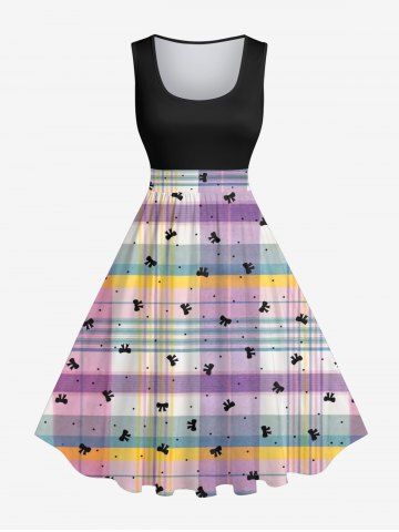 Plus Size Candy Color Plaid Bowknot Print 1950s Vintage Swing A Line Dress - MULTI-A - L