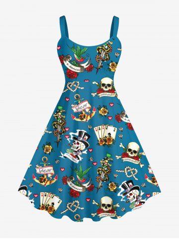 Plus Size Skulls Poker Rose Flower Heart Sword Snake Anchor Print Hawaii Tank Dress - DEEP GREEN - 5X