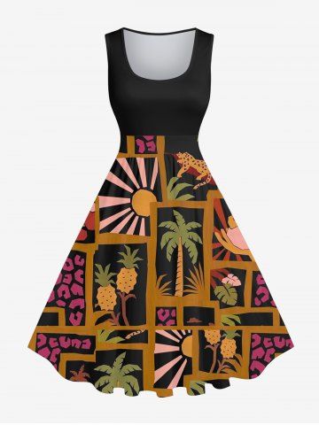 Plus Size Coconut Tree Pineapple Leopard Sun Colorblock Print Hawaii 1950s Vintage Swing A Line Dress - MULTI-A - 6X