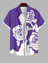 Plus Size Flower Two Tone Print Hawaii Button Pocket Shirt For Men -  