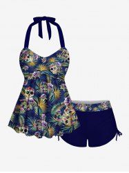 Fashion Skulls Floral Coconut Leaves Print Halter Twist Backless Cinched Hawaii Tankini Swimsuit -  
