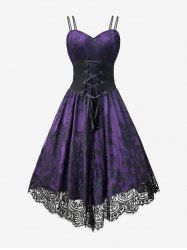 Gothic Floral Lace Trim Cami Vintage Dress With Lace-up Corset -  