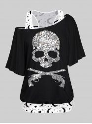 Plus Size Moon Star Heart Print Racerback Tank Top and Skull Guns Sparkling Sequin 3D Print One Shoulder T-shirt -  