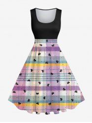 Plus Size Candy Color Plaid Bowknot Print 1950s Vintage Swing A Line Dress -  
