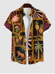 Plus Size Coconut Tree Pineapple Leopard Sun Colorblock Print Hawaii Button Pocket Shirt For Men -  