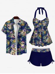 Skulls Floral Coconut Leaves Print Plus Size Matching Hawaii Beach Outfit For Couples -  