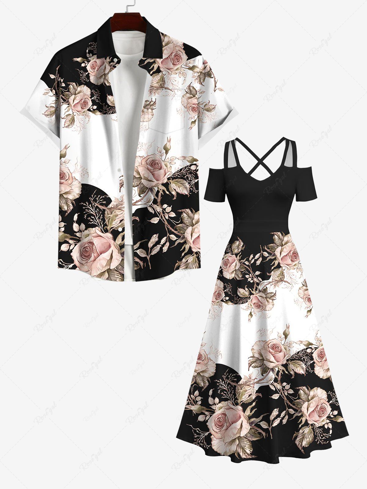 Shop Rose Flower Colorblock Print Plus Size Matching Outfit For Couples  