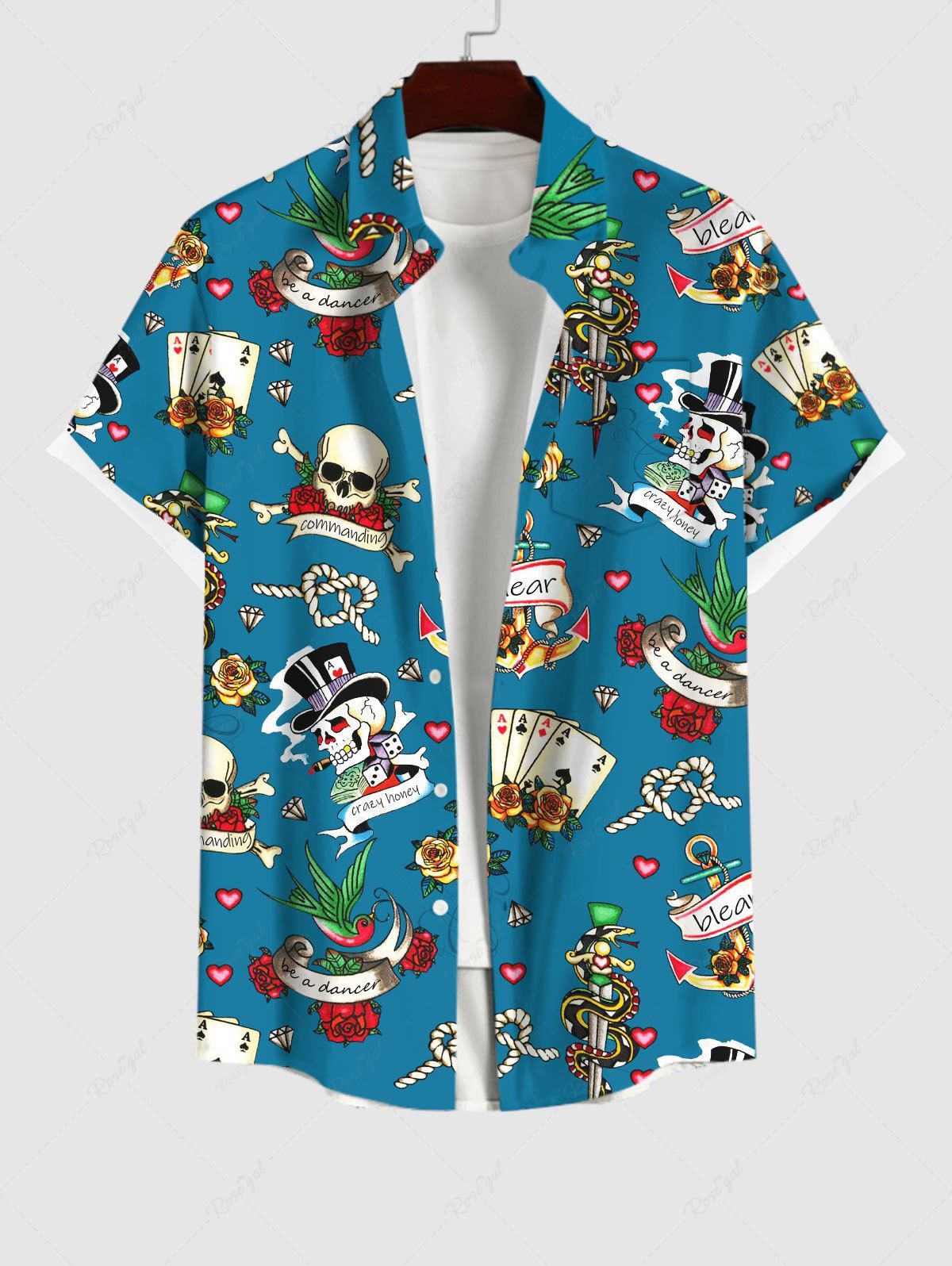 Trendy Plus Size Skulls Poker Rose Flower Heart Sword Snake Anchor Print Hawaii Shirt For Men  