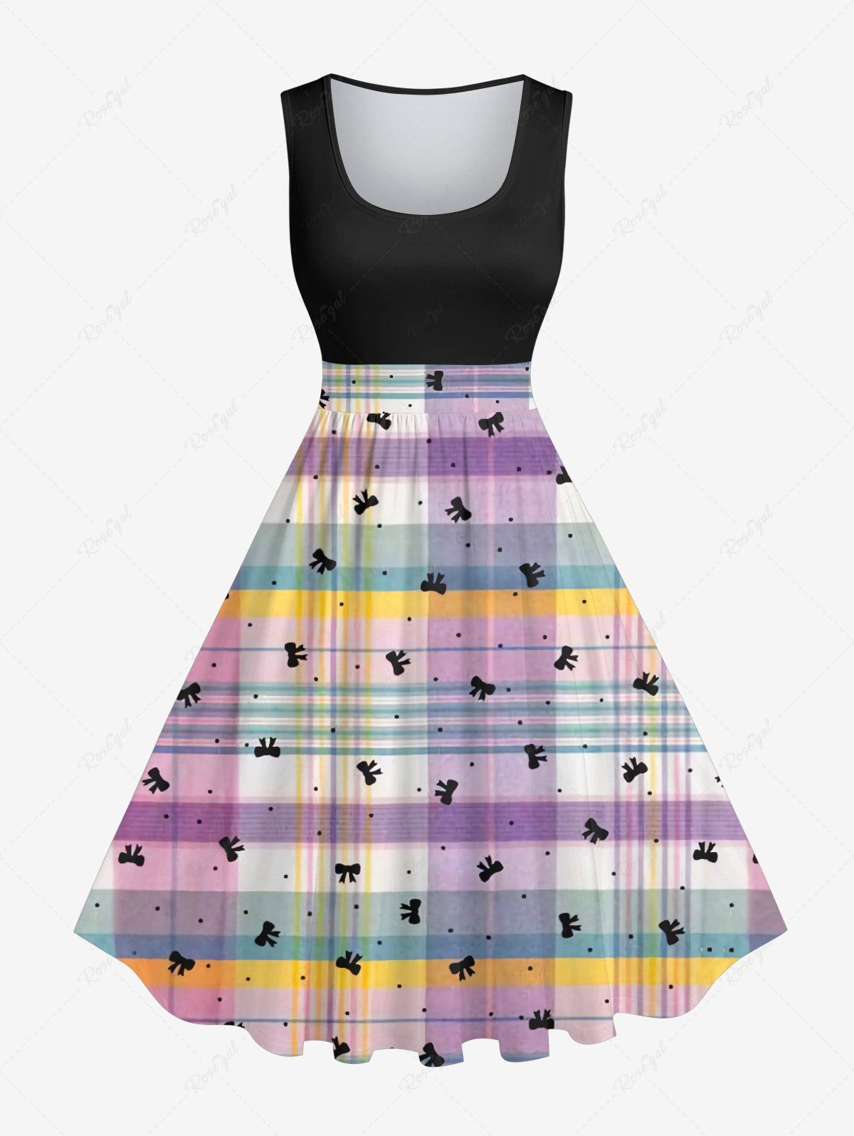 Outfits Plus Size Candy Color Plaid Bowknot Print 1950s Vintage Swing A Line Dress  