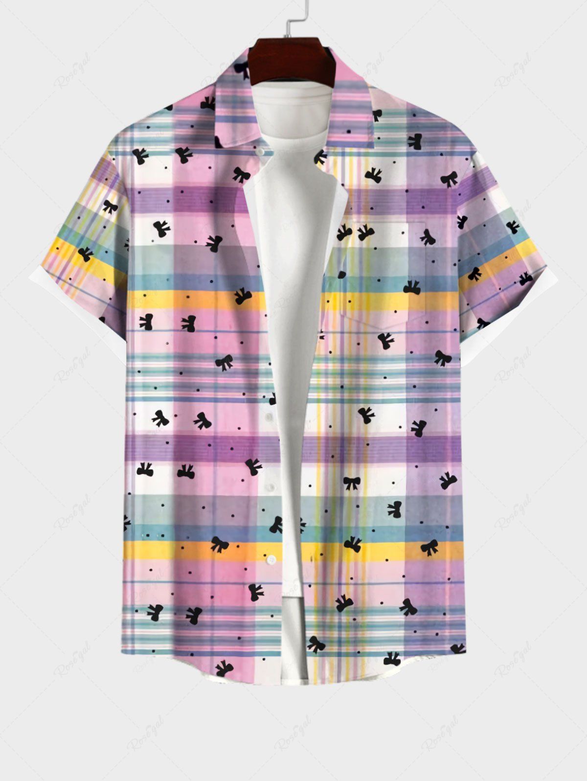 Cheap Plus Size Candy Color Plaid Bowknot Print Button Pocket Shirt For Men  