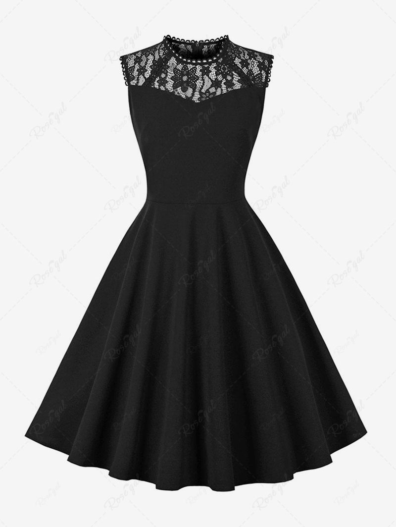 Hot Floral Lace Panel Patchwork Zipper Sleeveless Vintage Dress  
