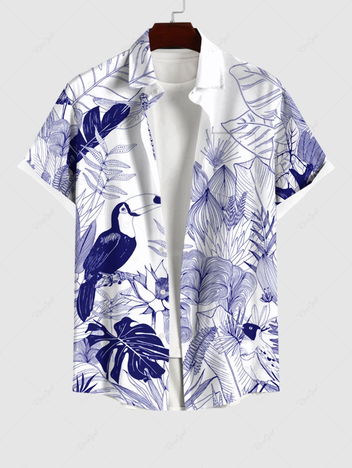 Hot Plus Size Coconut Leaves Dragonfly Bird Floral Print Hawaii Button Pocket Shirt For Men  