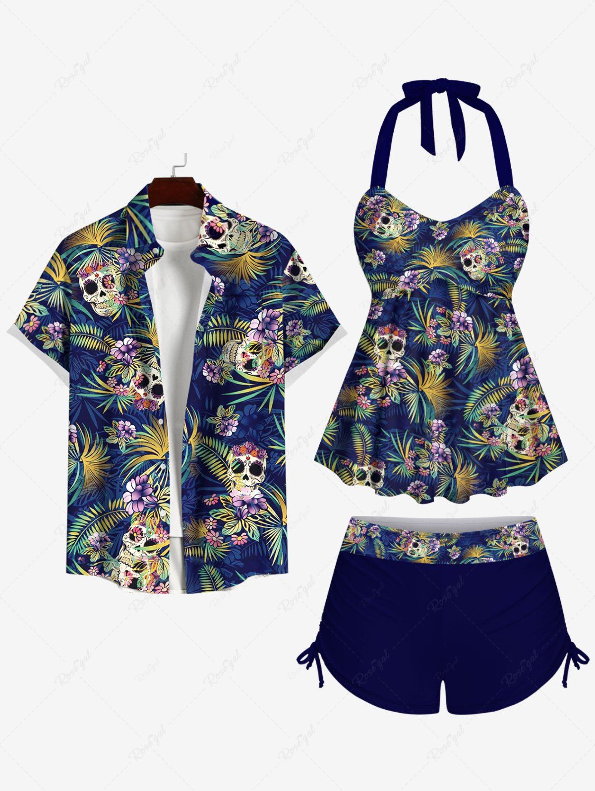 Shops Skulls Floral Coconut Leaves Print Plus Size Matching Hawaii Beach Outfit For Couples  