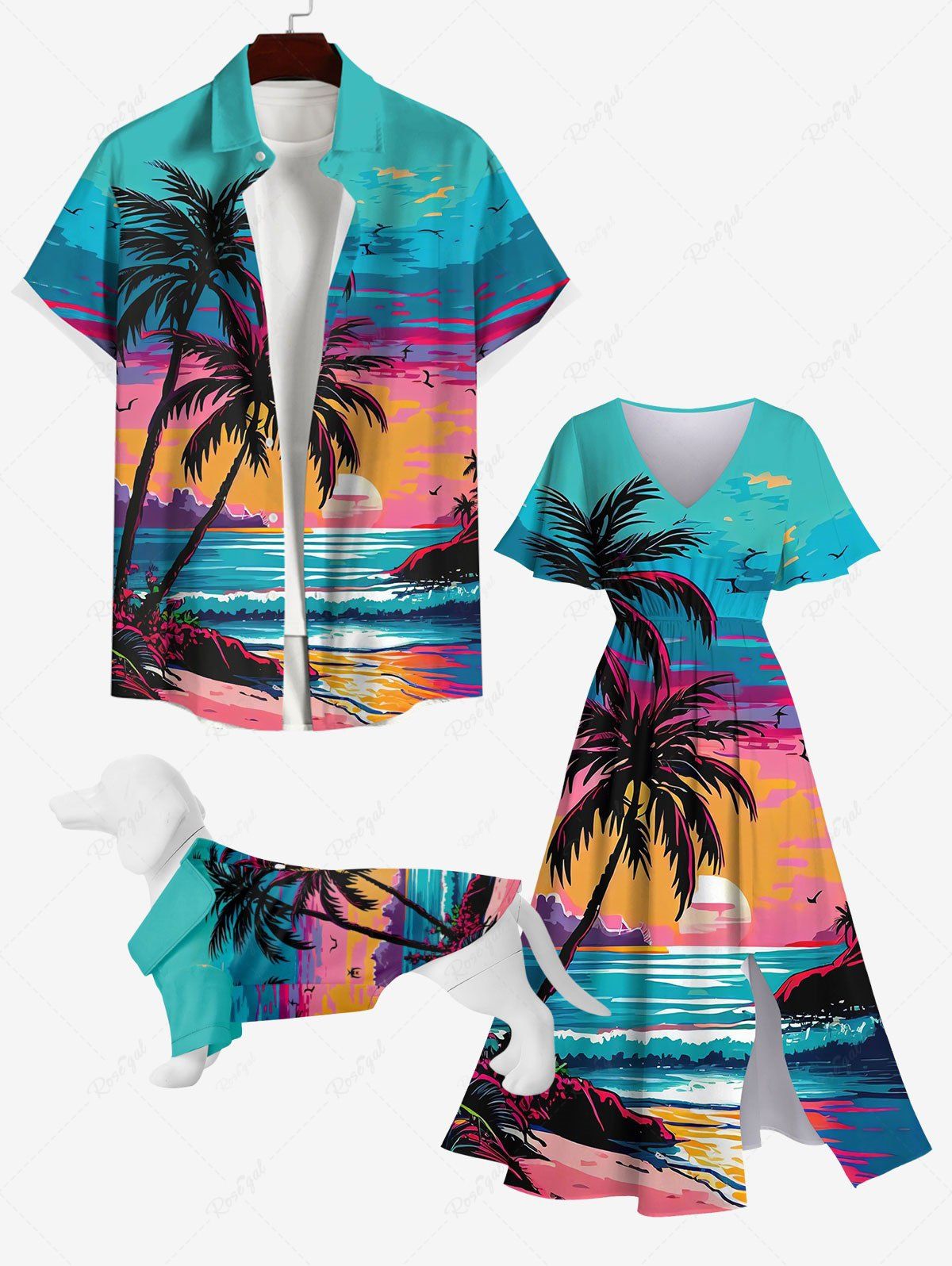 Sale Coconut Tree Sea Sunset Cloud Colorblock Print Hawaii Dog and Owner Matching Outfits  