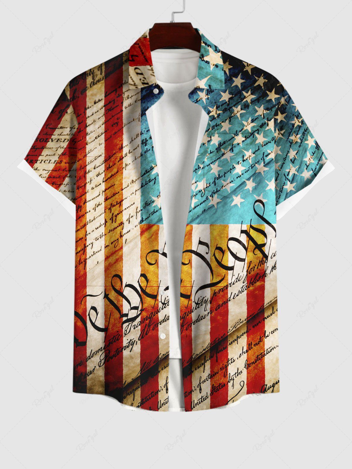 Trendy Plus Size Patriotic American Flag Newspaper Print Buttons Pocket Shirt For Men  