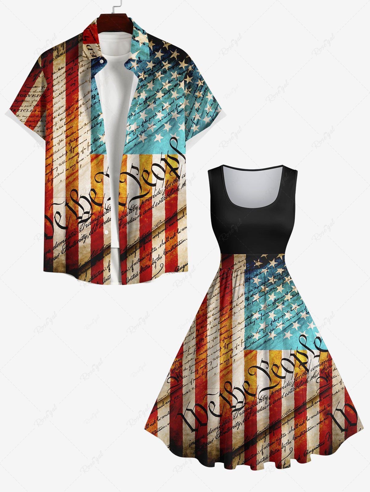 Affordable Patriotic American Flag Newspaper Print Plus Size Matching Outfit For Couples  