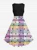 Plus Size Candy Color Plaid Bowknot Print 1950s Vintage Swing A Line Dress -  