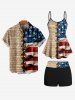 Fashion 3D Lace Up Patriotic American Flag Newspaper Print Boyleg Tankini Swimsuit (Adjustable Shoulder Strap) -  