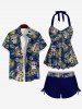 Fashion Skulls Floral Coconut Leaves Print Halter Twist Backless Cinched Hawaii Tankini Swimsuit -  