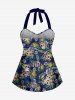 Fashion Skulls Floral Coconut Leaves Print Halter Twist Backless Cinched Hawaii Tankini Swimsuit -  