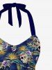 Fashion Skulls Floral Coconut Leaves Print Halter Twist Backless Cinched Hawaii Tankini Swimsuit -  