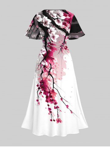 Plus Size Oriental Ink Plum Bossom Flower Print Split Dress