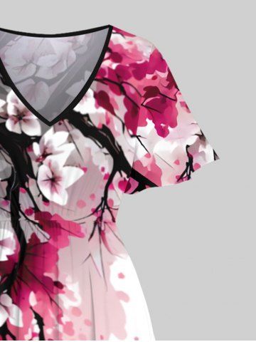 Plus Size Oriental Ink Plum Bossom Flower Print Split Dress