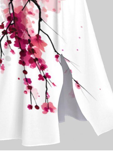 Plus Size Oriental Ink Plum Bossom Flower Print Split Dress