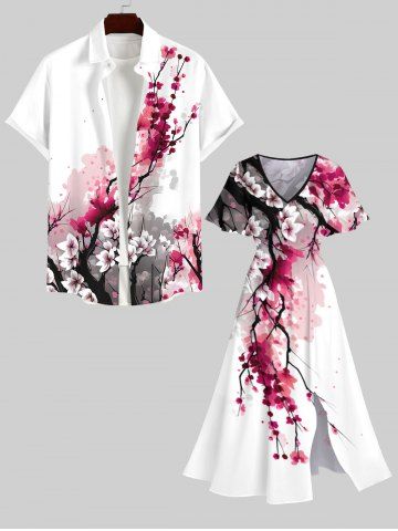 Plus Size Oriental Ink Plum Bossom Flower Print Split Dress