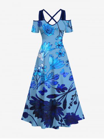 Plus Size Cold Shoulder Flower Leaf Print Hawaii Crisscross Ombre A Line Dress - BLUE - 3X