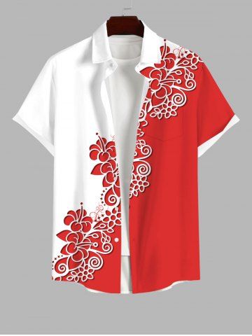 Plus Size Two Tone Colorblock Flowers Print Buttons Pocket Hawaii Shirt For Men - RED - XS