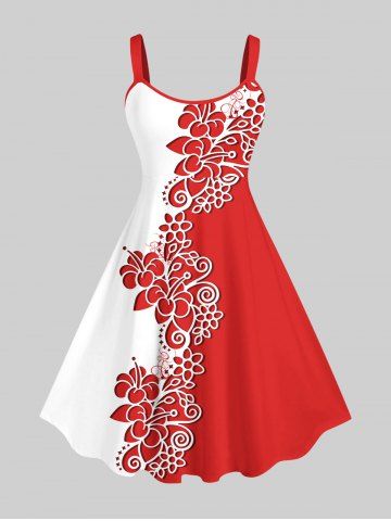 Plus Size Two Tone Colorblock Flowers Print Hawaii Tank Dress - RED - M