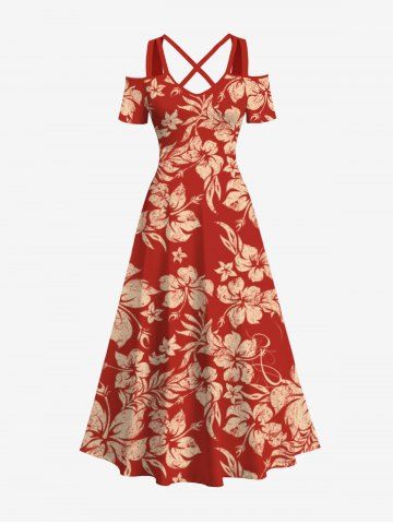 Plus Size Tropical Leaf Flowers Print Crisscross Cold Shoulder Hawaii Maxi Dress - RED - S