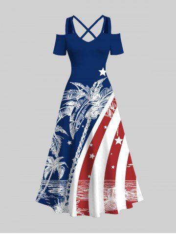 Plus Size Patriotic American Flag Coconut Tree Print Crisscross Cold Shoulder Maxi Dress - MULTI-A - XS