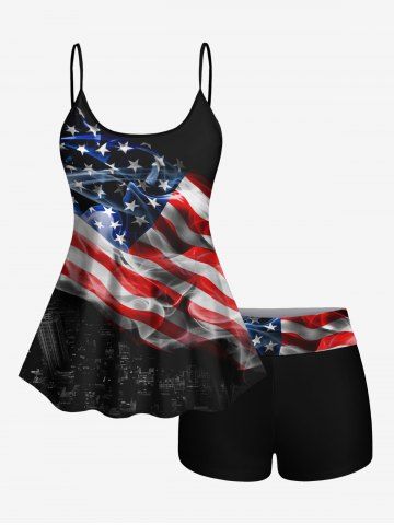 Patriotic American Flag Smog Print Boyleg Tankini Swimsuit(Adjustable Shoulder Strap) - BLACK - XS